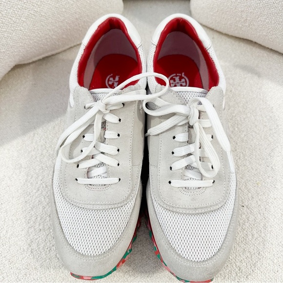 Tory Burch Festival Sawtooth Logo Trainer Sneaker suede cream red sz 8 - Picture 5 of 9